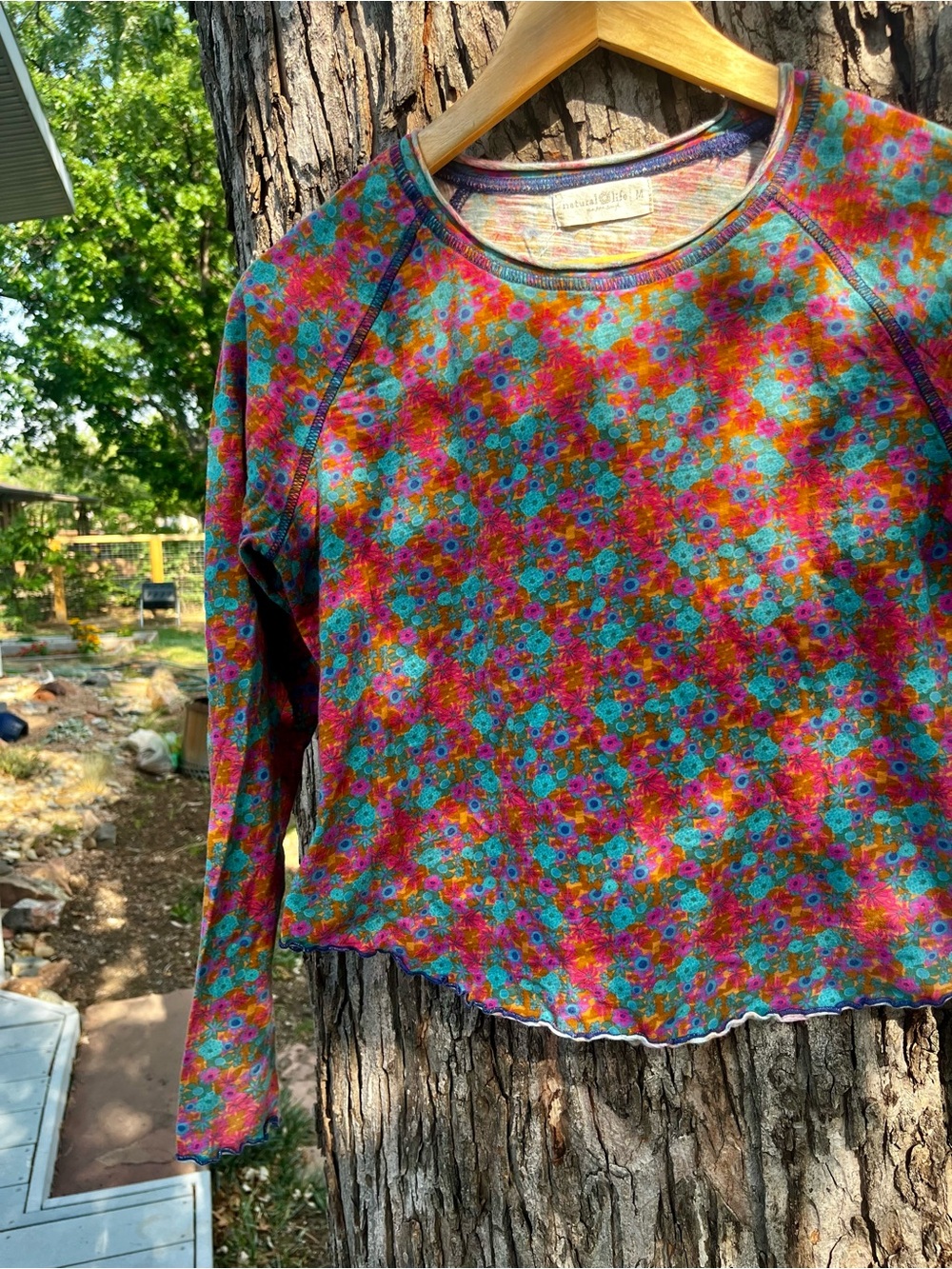 Colorful Floral Long-Sleeve Raglan Top Size M